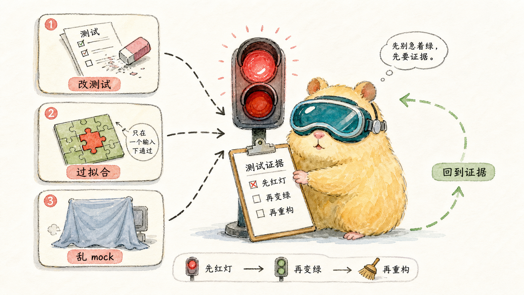 手绘三种 AI 绕过 TDD 的方式：改测试、过拟合、乱 mock，作者头像角色拿着检查清单