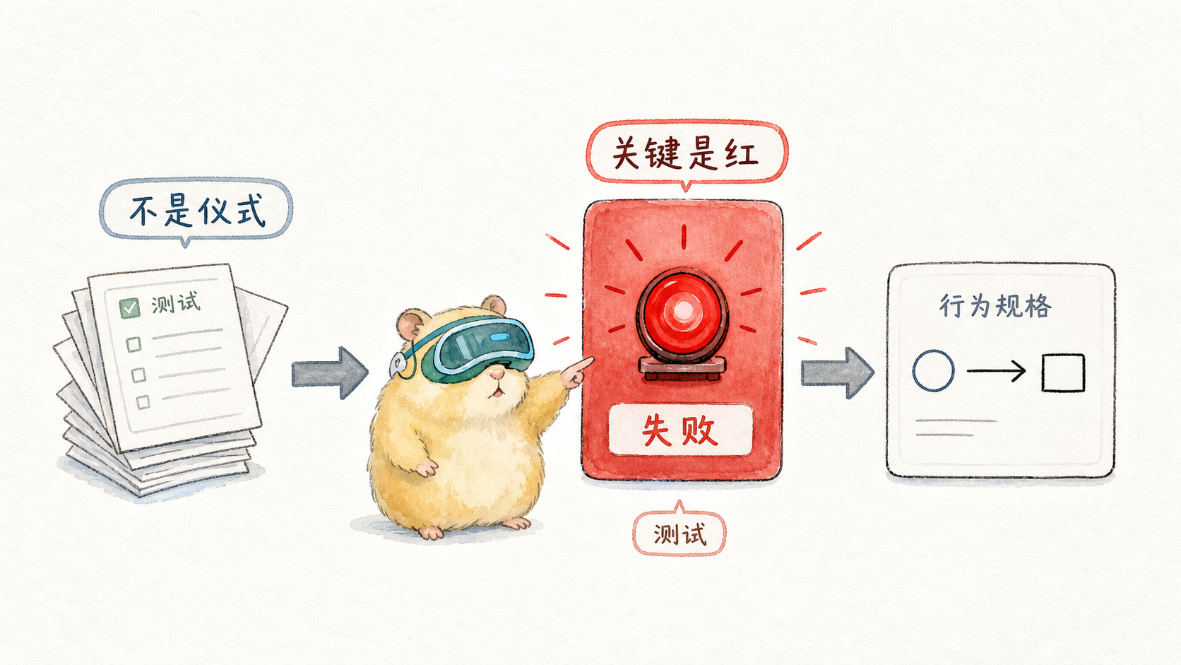 手绘测试纸条转向红色失败信号，作者头像角色指向红灯